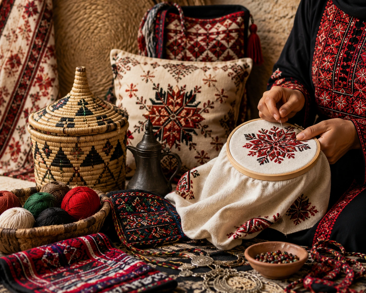 حرفية تعمل على تطريز بدوي يدوي